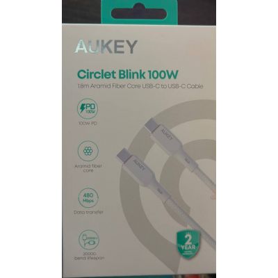 Кабель Aukey USB-C на C, 100W, 5A, арамид 1м Белый, Черный